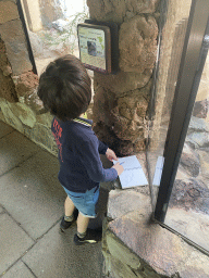 Max writing in his book at the Central American Snapping Turtle at the Palmitos Park, with explanation
