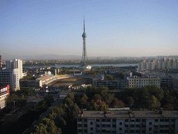 The Luoyang Zhongyuan Mingzhu Broadcast & TV Tower and surroundings, viewed from our room in a hotel in the city center