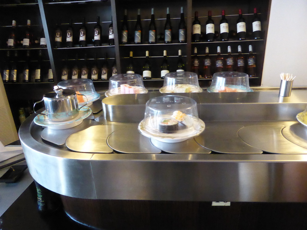 Sushi on a conveyor belt at the Sushi Ogasang restaurant at the Avenue de la Liberté