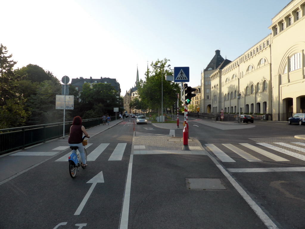 Miaomiao biking on the Boulevard Franklin Delano Roosevelt, the District Court building at the Judicial Precincts Area and the towers of the Notre-Dame Cathedral