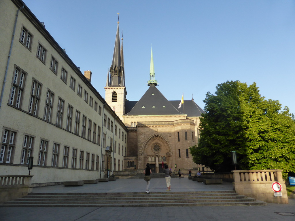 South side of the National Library of Luxembourg and the southwest side of the Notre-Dame Cathedral