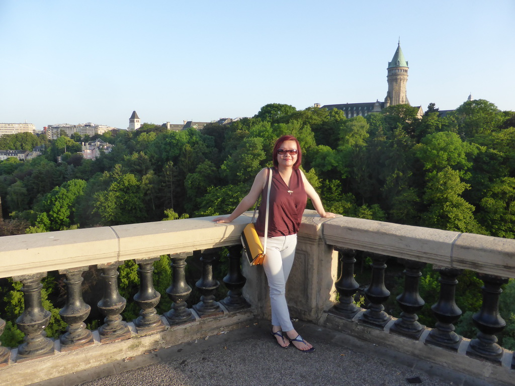 Miaomiao at the Place de la Constitution square, with a view on the Building of the European Coal and Steel Community and the Vallée de la Pétrusse valley