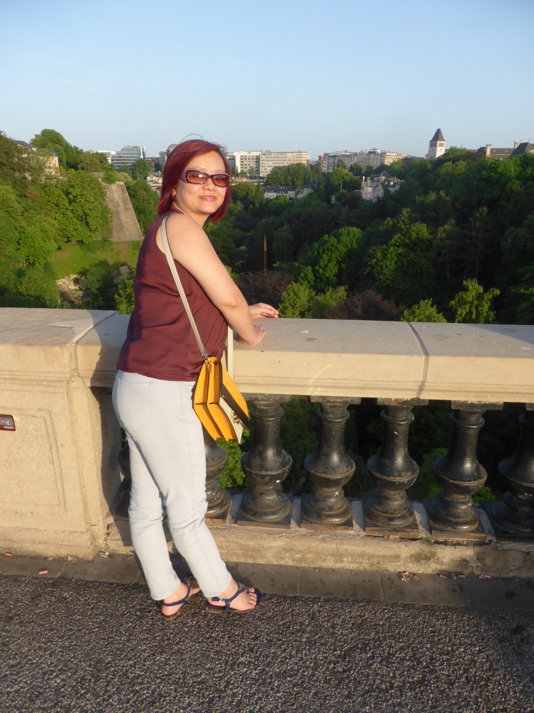 Miaomiao at the Place de la Constitution square, with a view on the Vallée de la Pétrusse valley