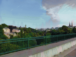 Houses in the Vallée de la Pétrusse valley, the Building of the European Coal and Steel Community and the towers of the Notre-Dame Cathedral, viewed from the Viaduc bridge