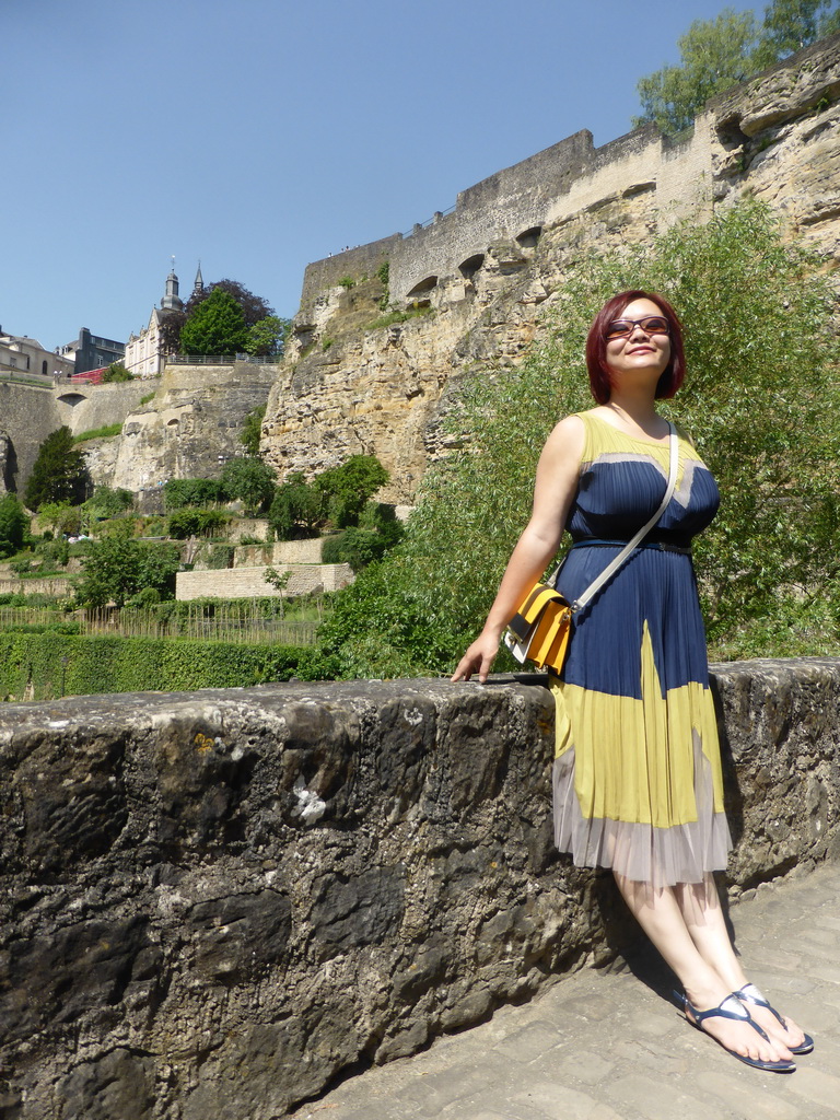 Miaomiao at the Wenzel Wall, with a view on the Chemin de la Corniche street