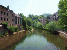 The Alzette-Uelzecht river and houses at the Grund district, viewed from the Rue Münster bridge
