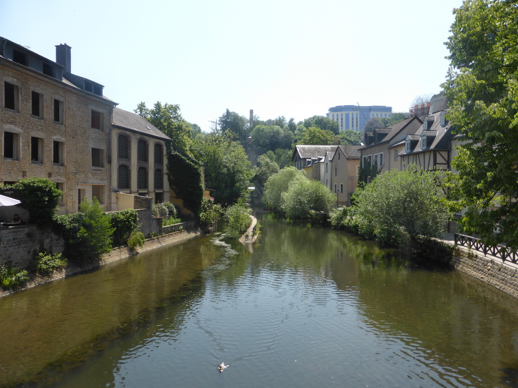 The Alzette-Uelzecht river and houses at the Grund district, viewed from the Rue Münster bridge