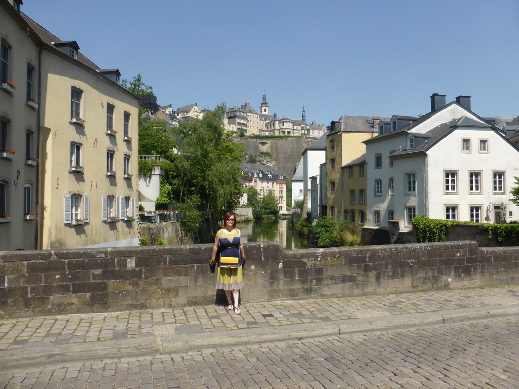 Miaomiao at the Rue Münster bridge, with a view on the Alzette-Uelzecht river, houses at the Grund district, the Casemates du Bock and Saint Michael`s Church