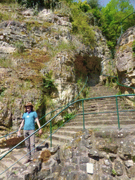 Our tour guide at the staircase to the entrance to the Casemates de la Pétrusse at the Vallée de la Pétrusse valley