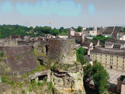 The Casemates du Bock, the Rham Plateau and the Grund district with the Abbey of Neumünster, viewed from the northeast end of the Chemin de la Corniche street