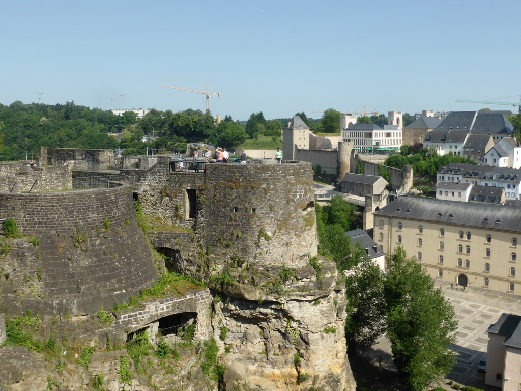 The Casemates du Bock, the Rham Plateau and the Grund district with the Abbey of Neumünster, viewed from the northeast end of the Chemin de la Corniche street