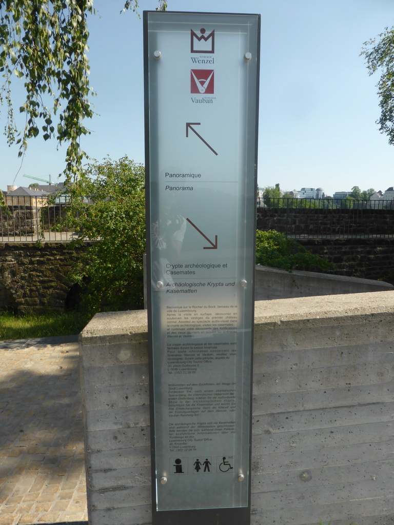 Sign at the entrance to the Casemates du Bock and the Archaeological Crypt at the Montée de Clausen street
