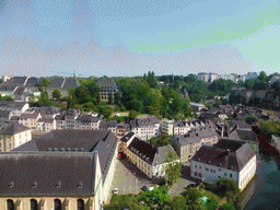 The Grund district with the Abbey of Neumünster, the Johanneskirche church and the Alzette-Uelzecht river, viewed from the Chemin de la Corniche street