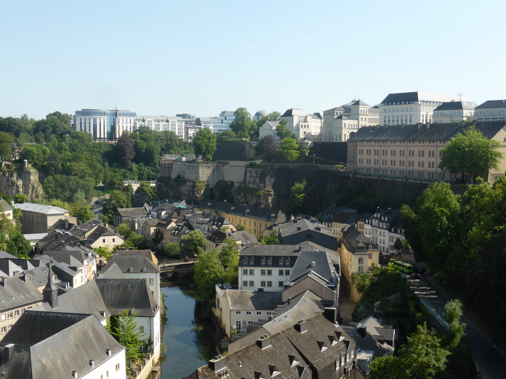 The Grund district with the Alzette-Uelzecht river, the Rue Münster bridge and the State Archives building, viewed from the Chemin de la Corniche street