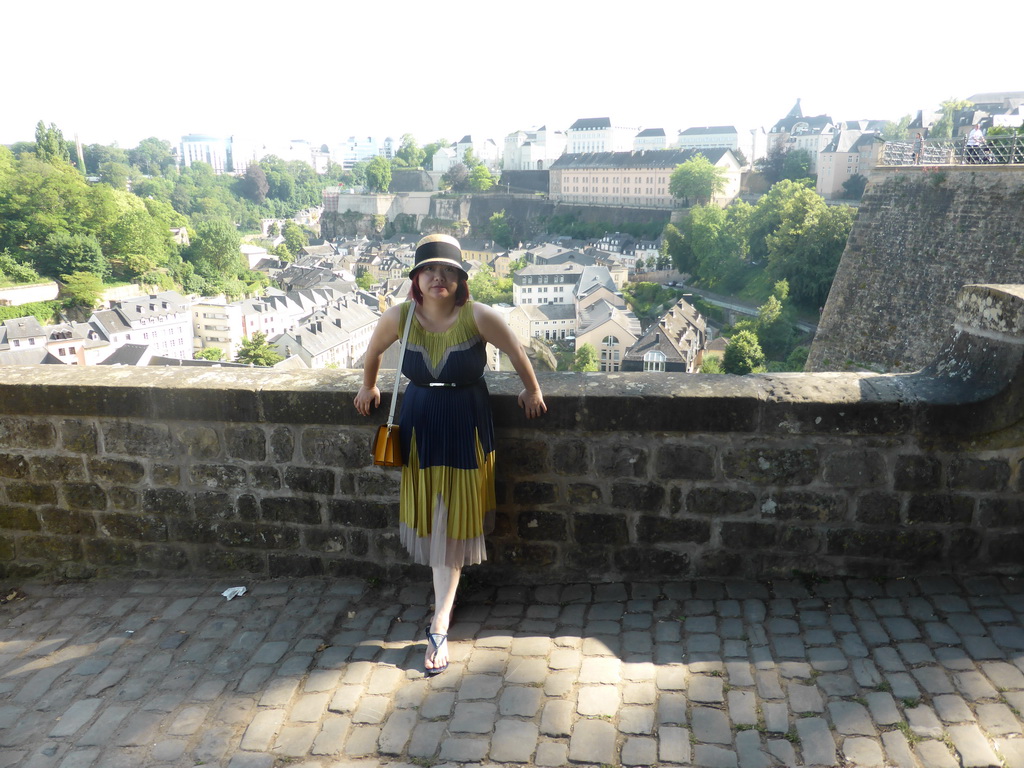 Miaomiao at the Chemin de la Corniche street, with a view on the Grund district and the State Archives building