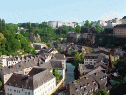 The Grund district with the Alzette-Uelzecht river, the Rue Münster bridge and the State Archives building, viewed from the Chemin de la Corniche street