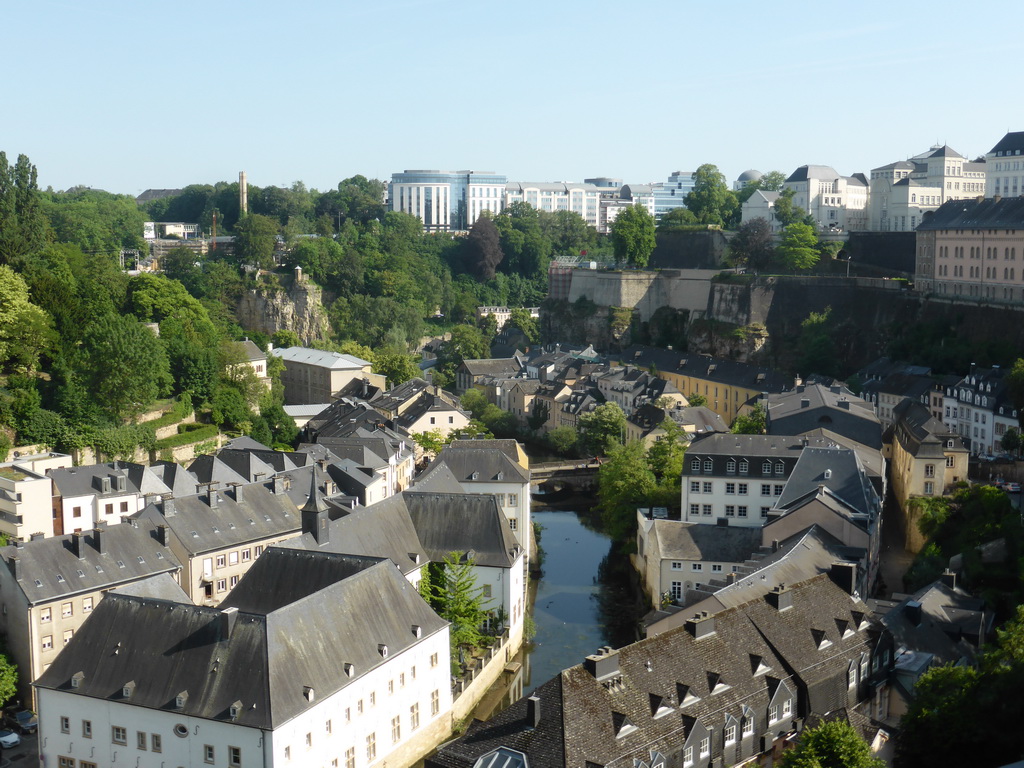 The Grund district with the Alzette-Uelzecht river, the Rue Münster bridge and the State Archives building, viewed from the Chemin de la Corniche street