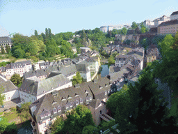 The Grund district with the Alzette-Uelzecht river, the Rue Münster bridge and the State Archives building, viewed from the Chemin de la Corniche street