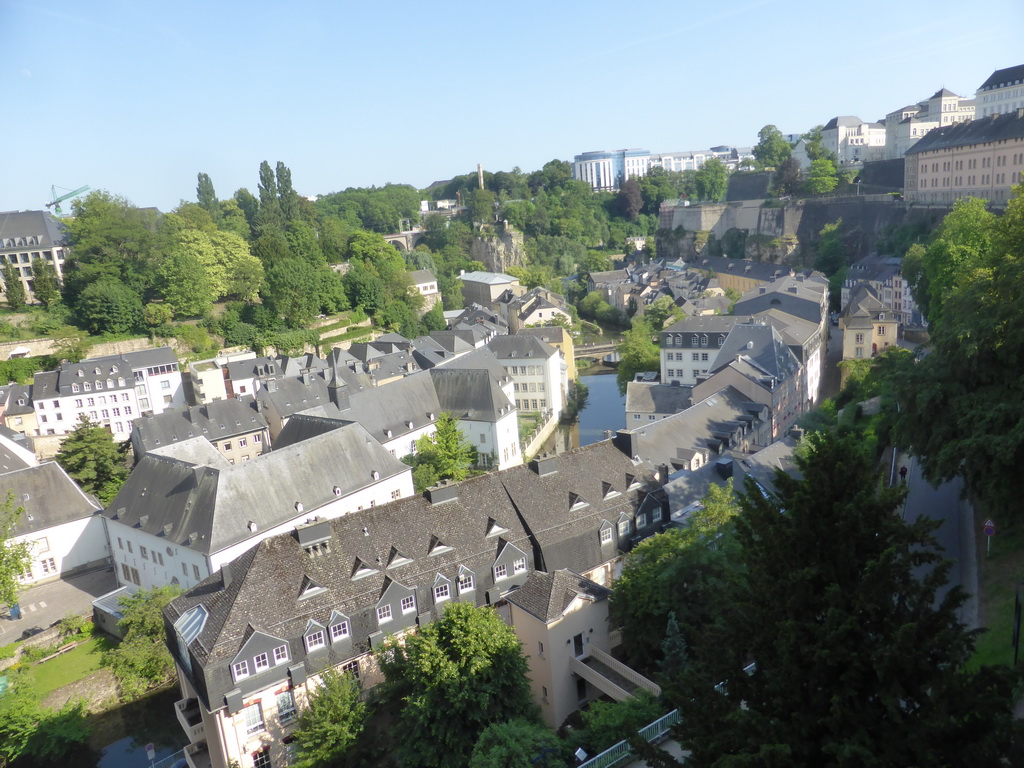 The Grund district with the Alzette-Uelzecht river, the Rue Münster bridge and the State Archives building, viewed from the Chemin de la Corniche street