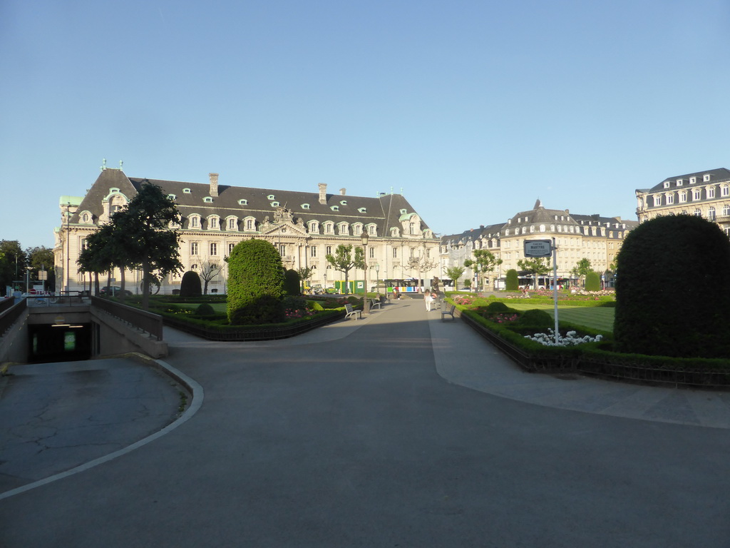 The Place des Martyrs square and the front of the headquarters of ArcelorMittal at the Avenue de la Liberté