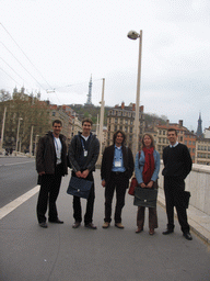 Tim with friends at the Pont de la Feuillée bridge over the Saône river, with a view on the Metallic Tower of Fourvière