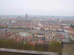 The city center with the Saint-Jean-Baptiste Cathedral, bridges over the Saône river and the Tour du Crédit Lyonnais tower, viewed from the Basilica of Notre-Dame de Fourvière