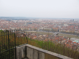 The city center with bridges over the Saône river, the City Hall and the Opéra de Lyon building, viewed from the Basilica of Notre-Dame de Fourvière