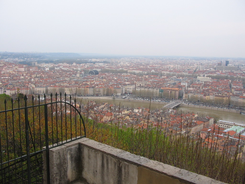 The city center with bridges over the Saône river, the City Hall and the Opéra de Lyon building, viewed from the Basilica of Notre-Dame de Fourvière