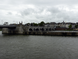 The Sint Servaasbrug bridge over the Maas river and the city center with the Basilica of Our Lady, viewed from the Oeverwal street