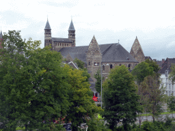 The Basilica of Our Lady, viewed from the Hoge Brug pedestrian bridge over the Maas river