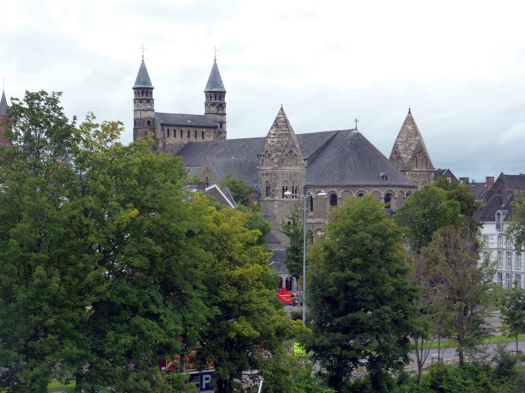 The Basilica of Our Lady, viewed from the Hoge Brug pedestrian bridge over the Maas river