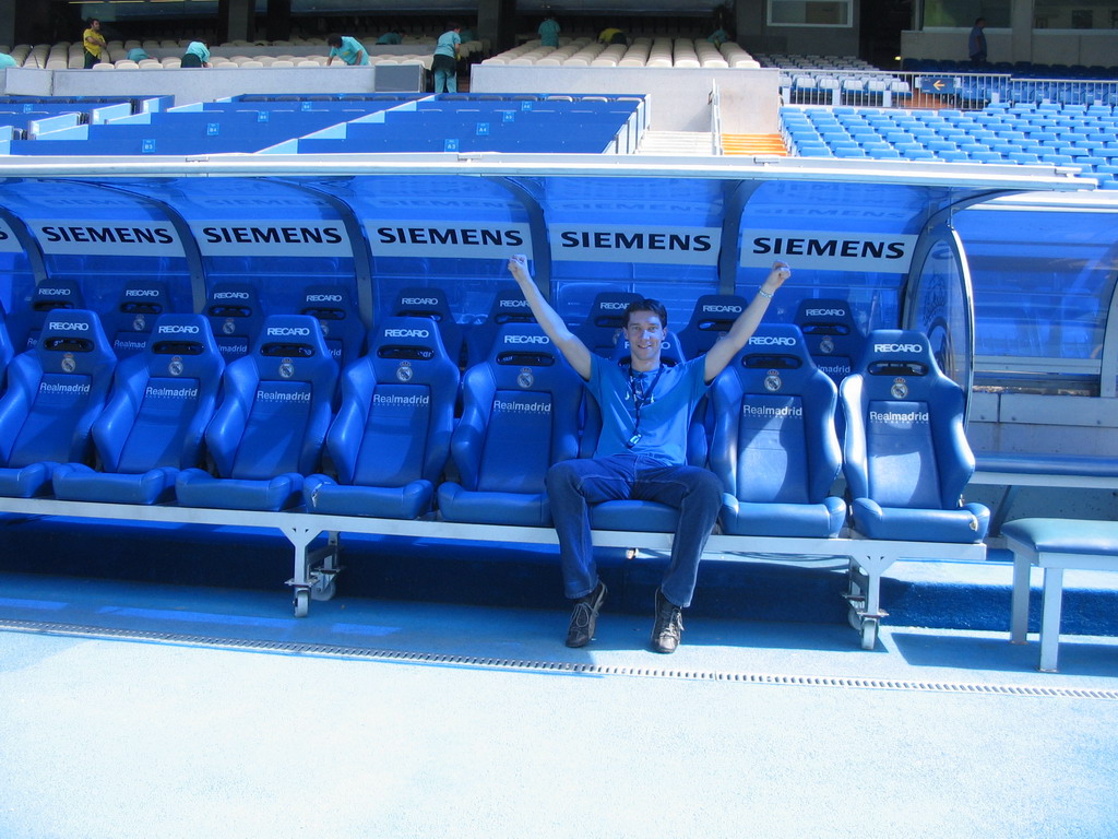 Tim in the dugout of the Santiago Bernabéu stadium