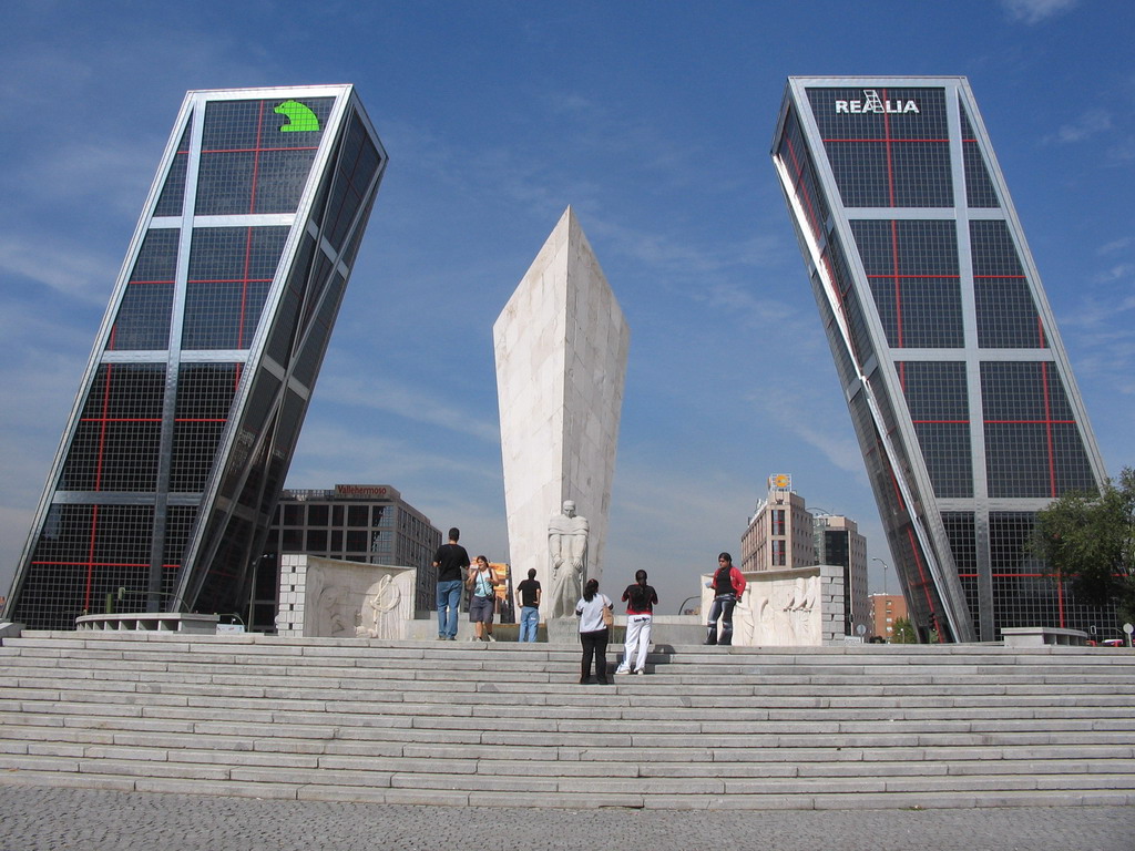 The Monument of Calvo Sotelo and the Puerta de Europa towers at the Plaza de Castilla square