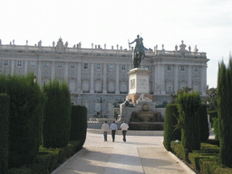 The equestrian statue of Philip IV at the Plaza de Oriente square, and the east side of the Royal Palace (Palacio Real)