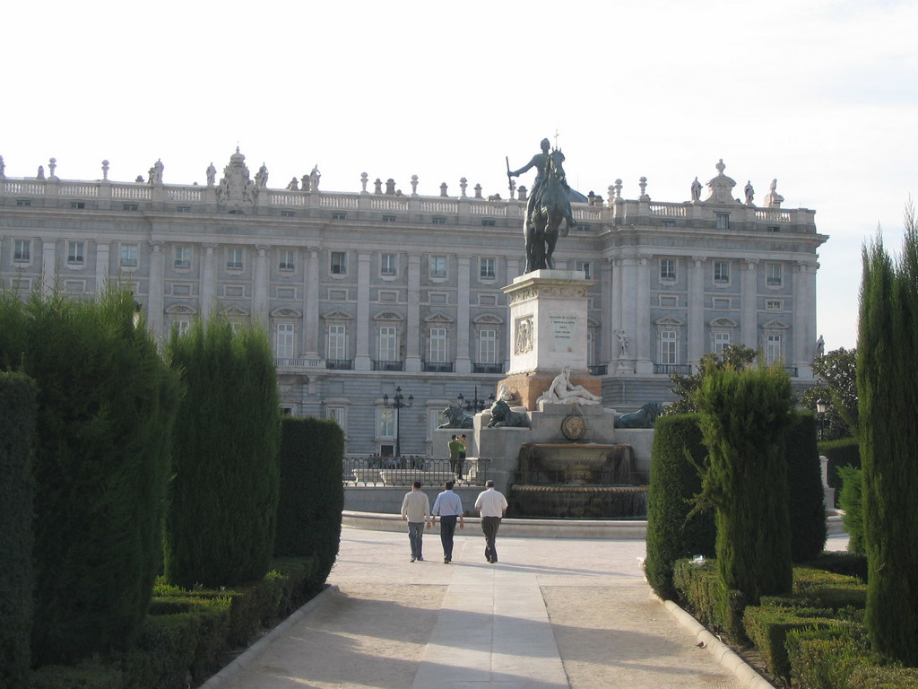 The equestrian statue of Philip IV at the Plaza de Oriente square, and the east side of the Royal Palace (Palacio Real)