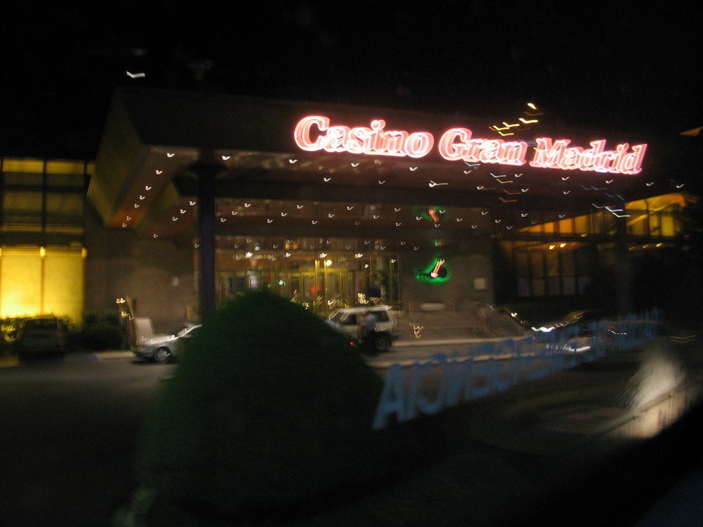 Front of the Casino Gran Madrid Torrelodones, viewed from the taxi at the A6 road, by night