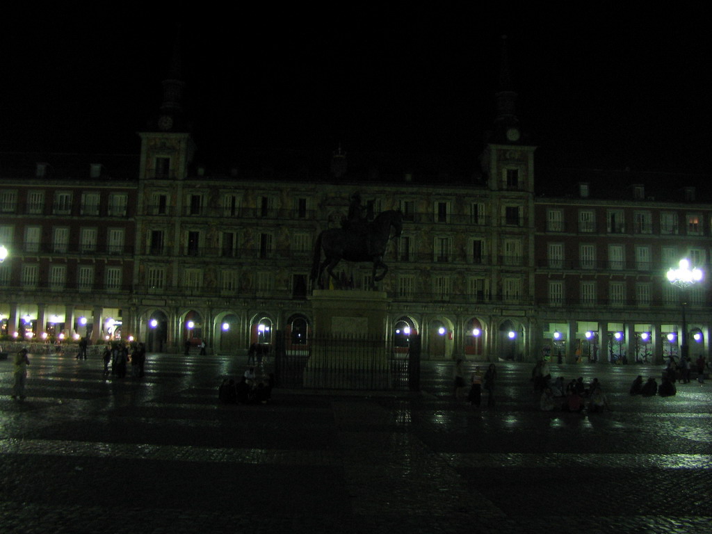 Equestrian statue of King Philip III at the Plaza Mayor square, by night