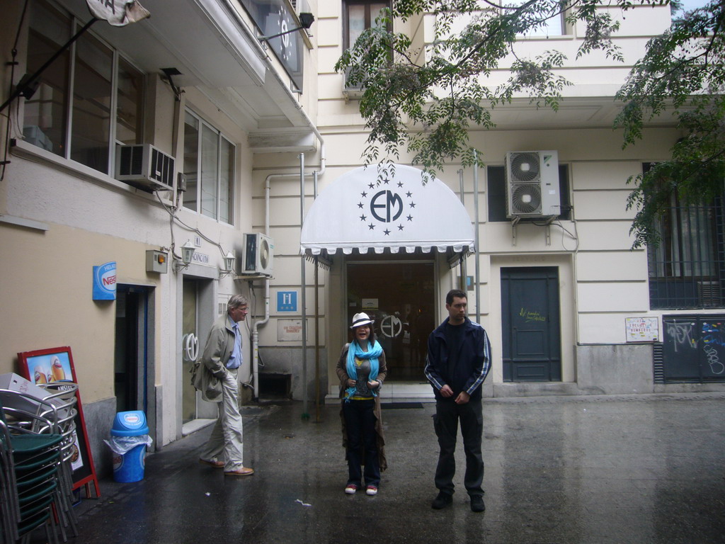 Miaomiao, Kees and Jeroen in front of our hotel `Euromadrid`