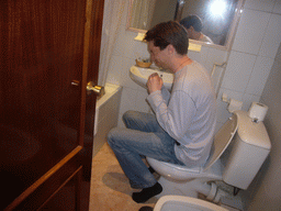 Tim on the toilet of our room in the hotel `Euromadrid`