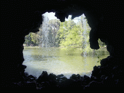 The lake in front of the Palacio de Cristal in the Parque del Buen Retiro park, viewed from a cave on the side