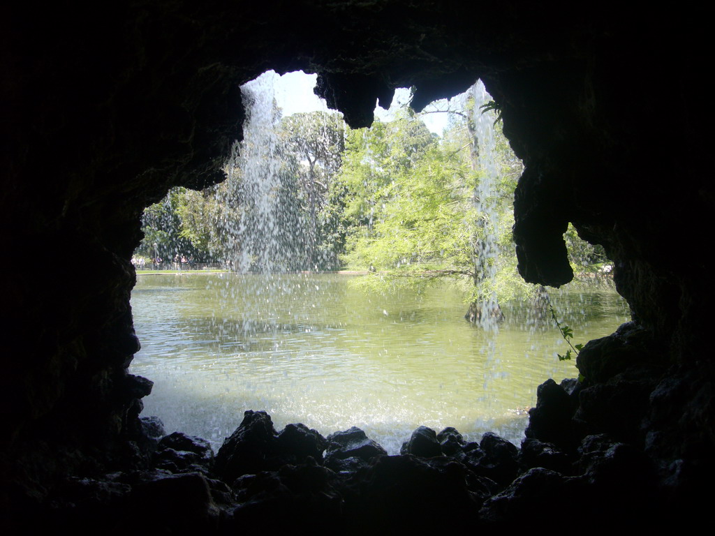 The lake in front of the Palacio de Cristal in the Parque del Buen Retiro park, viewed from a cave on the side