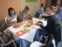 Miaomiao, Kees and Jeroen having dinner at a restaurant in the Pje. Matheu street