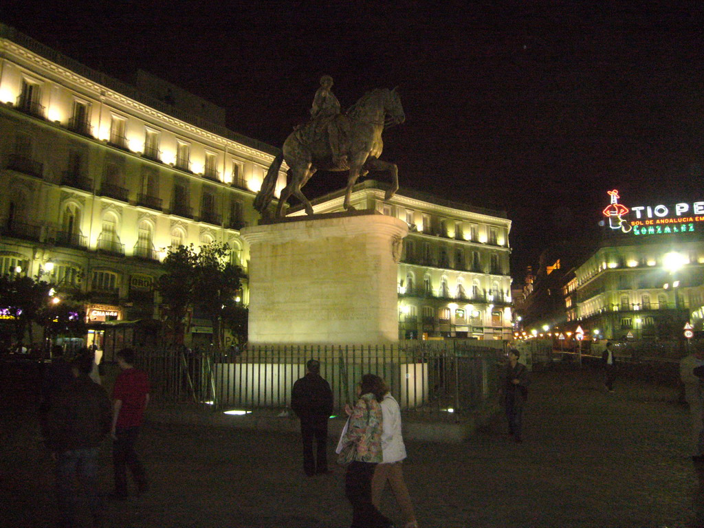 Equestrian statue of King Carlos III at the Puerta del Sol square, by night