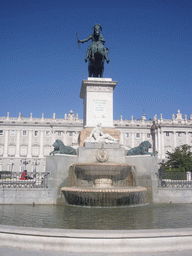 The equestrian statue of Philip IV at the Plaza de Oriente square, and the east side of the Royal Palace