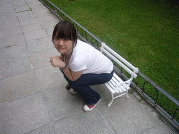 Miaomiao and a bench in the courtyard of the Reina Sofia museum