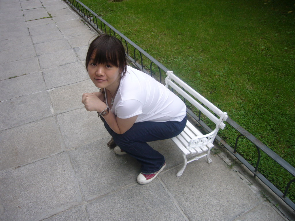Miaomiao and a bench in the courtyard of the Reina Sofia museum
