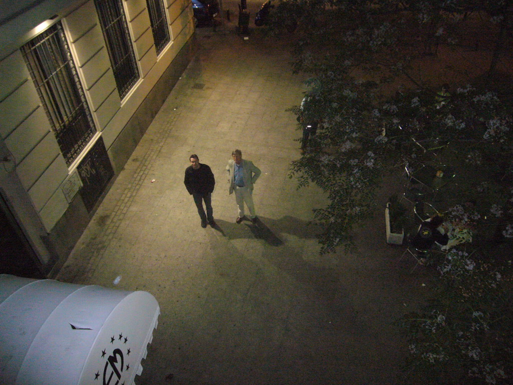 Kees and Jeroen in front of the hotel `Euromadrid`, from our hotel window, by night