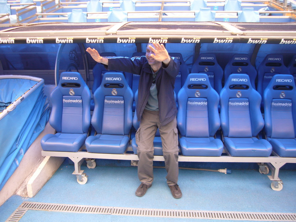 Jeroen in the dugout of the Santiago Bernabéu stadium
