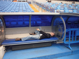 Tim on the injury bench in the dugout of the Santiago Bernabéu stadium