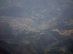 The town of Ourense and the Encoro de San Martiño reservoir in Spain, viewed from the airplane from Eindhoven